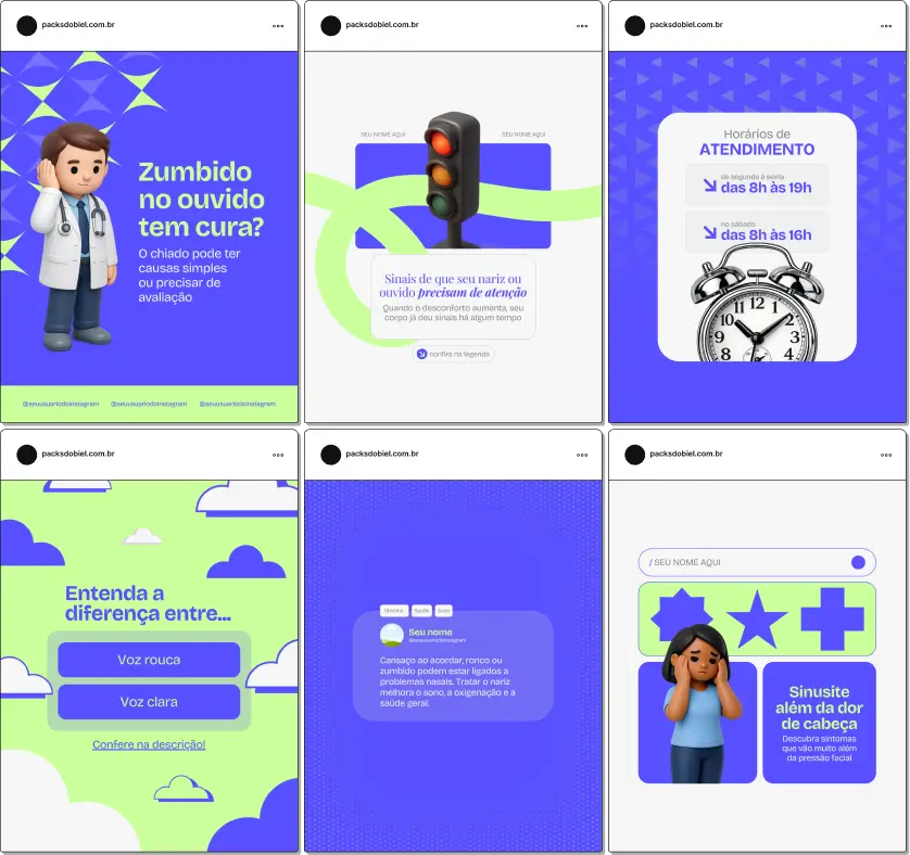 Pack de artes editáveis no Canva para otorrinos, ideal para quem produz conteúdo sobre exames de audição, distúrbios respiratórios, rinite, sinusite e orientação aos pacientes, com comunicação clara e confiável.