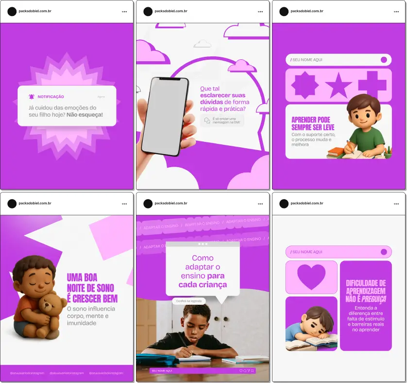 Pack de posts editáveis no Canva para psicopedagogos que buscam criar conteúdo sobre avaliação, intervenção, estímulo cognitivo, rotina de estudos e desenvolvimento infantil, transmitindo profissionalismo e credibilidade no Instagram.