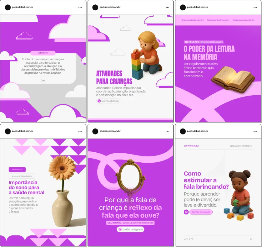 Pack de posts editáveis no Canva para psicopedagogos que desejam criar conteúdo sobre dificuldades de aprendizagem, avaliação cognitiva, intervenção escolar e estratégias de estudo, mantendo um feed educativo e profissional.