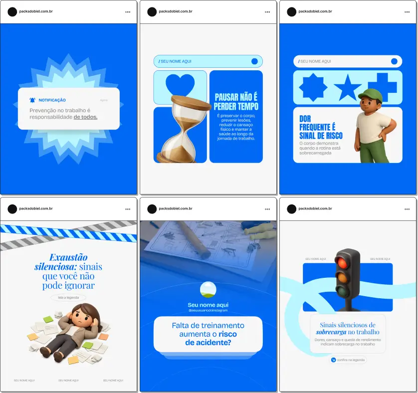 Pack de artes editáveis no Canva para saúde ocupacional, voltado para médicos e técnicos que explicam ergonomia, riscos ocupacionais, programas de prevenção, qualidade de vida no trabalho e conformidade legal, com comunicação visual clara e profissional.