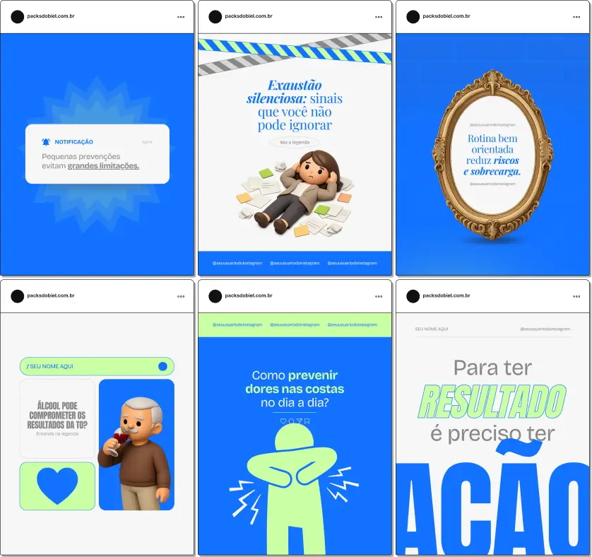 Pack de posts editáveis no Canva para terapeutas ocupacionais que desejam orientar sobre reabilitação física e cognitiva, atividades de vida diária, prevenção de limitações e bem-estar, mantendo um perfil profissional e visualmente coerente.