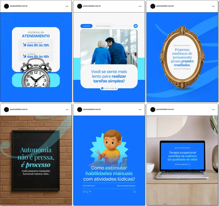 Pack de templates editáveis no Canva para profissionais de terapia ocupacional que atuam com desenvolvimento infantil, saúde mental, reabilitação neurológica e envelhecimento ativo, facilitando a produção de conteúdo informativo e visualmente organizado.