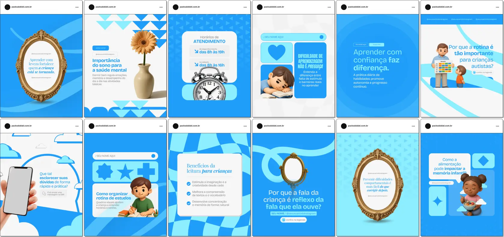 Pack de templates editáveis no Canva para terapeutas, psicólogos e educadores que trabalham com crianças e adolescentes com autismo, voltado para produzir conteúdo sobre estratégias de intervenção, rotina, autocuidado, estímulos cognitivos e suporte familiar, com visual profissional e confiável.