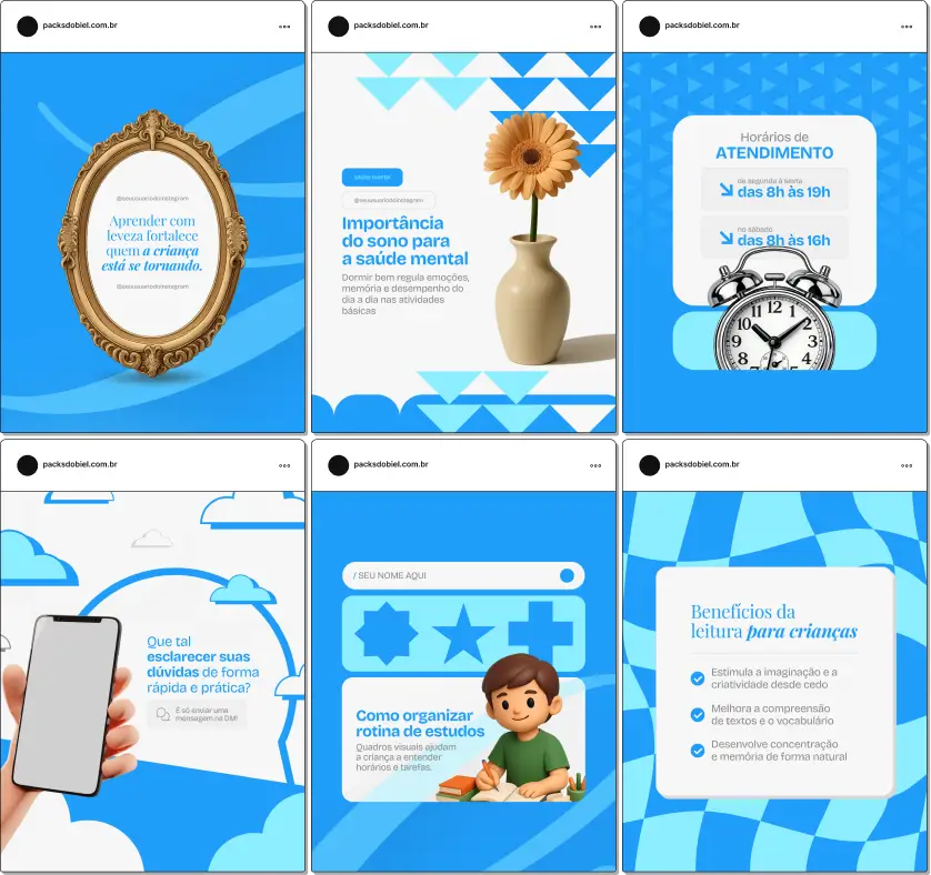 Pack de artes editáveis no Canva para profissionais especializados em autismo, focado em educação inclusiva, desenvolvimento de habilidades, comunicação funcional, socialização, manejo comportamental e bem-estar, fortalecendo autoridade e engajamento no Instagram.