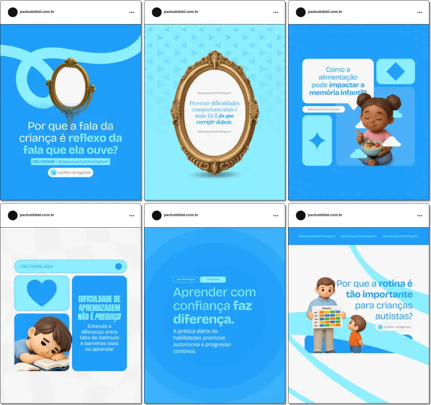 Pack de posts editáveis no Canva para profissionais que atuam com autismo, ideal para criar conteúdos sobre desenvolvimento infantil, comunicação, inclusão, comportamentos, habilidades sociais e orientação a pais, mantendo um feed organizado e educativo.