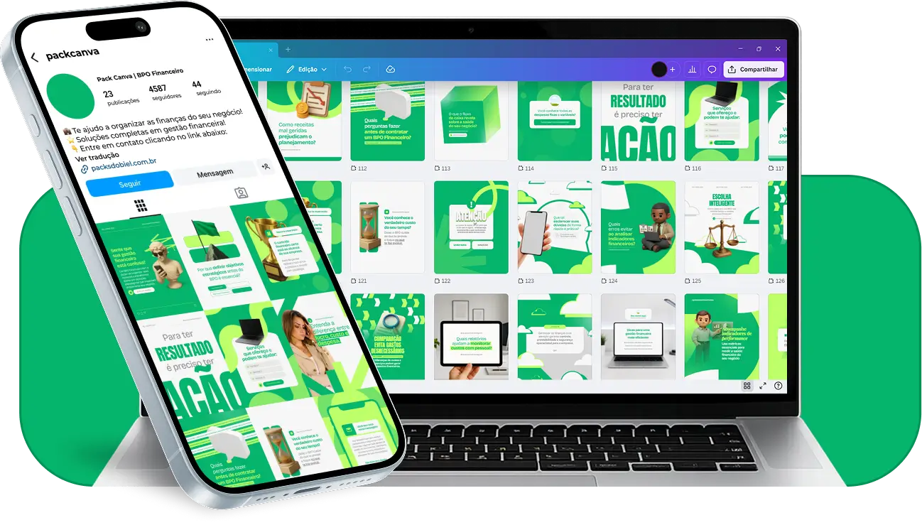 Pack de posts editáveis no Canva para profissionais de BPO Financeiro que desejam criar conteúdo sobre gestão financeira, fluxo de caixa, relatórios, otimização de processos contábeis e tomada de decisão estratégica, mantendo um feed organizado e profissional.