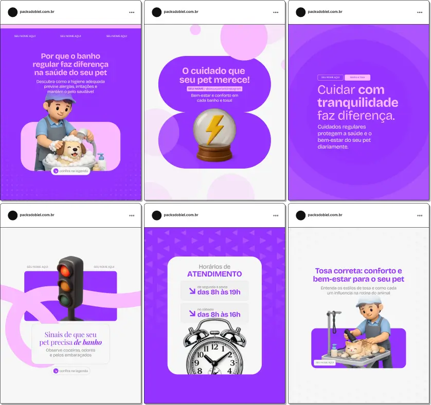 Pack de templates editáveis no Canva para profissionais de banho e tosa que atendem cães e gatos, focado em dicas de higiene, manutenção da pelagem, segurança durante o atendimento, rotina de cuidados e satisfação dos tutores, fortalecendo autoridade e engajamento no Instagram.