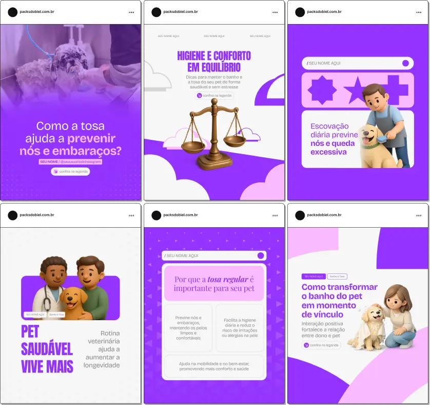 Pack de posts editáveis no Canva para pet shops e profissionais de banho e tosa, ideal para criar conteúdo sobre cuidados com cães e gatos, higiene, pelagem, corte de unhas, limpeza de ouvido e bem-estar animal, mantendo um feed organizado e profissional.