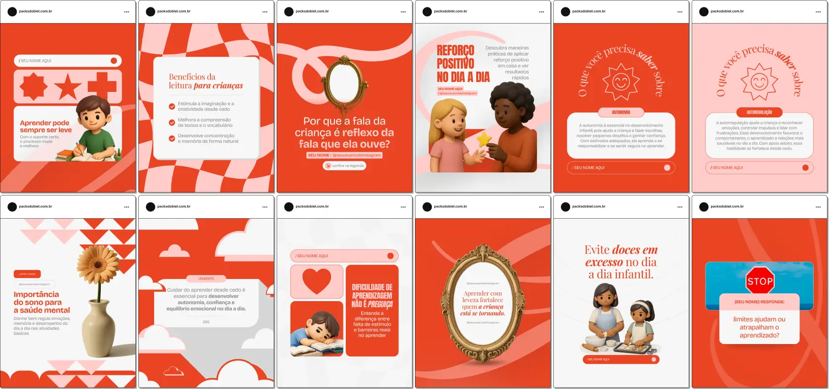 Pack de templates editáveis no Canva para profissionais de psicologia educacional que desejam organizar o feed com conteúdos sobre inclusão escolar, transtornos de aprendizagem, intervenção psicopedagógica, comportamento infantil e apoio ao processo educacional.