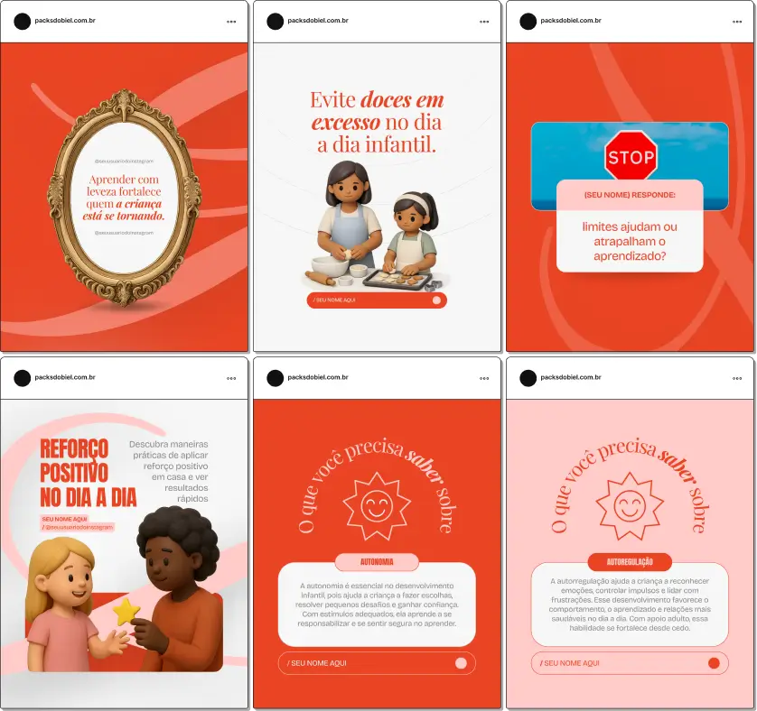 Pack de artes editáveis no Canva voltado para psicólogos educacionais que compartilham orientações sobre desenvolvimento cognitivo, emoções na escola, adaptação escolar, estratégias de aprendizagem e fortalecimento do vínculo família e escola, aumentando autoridade e engajamento online.