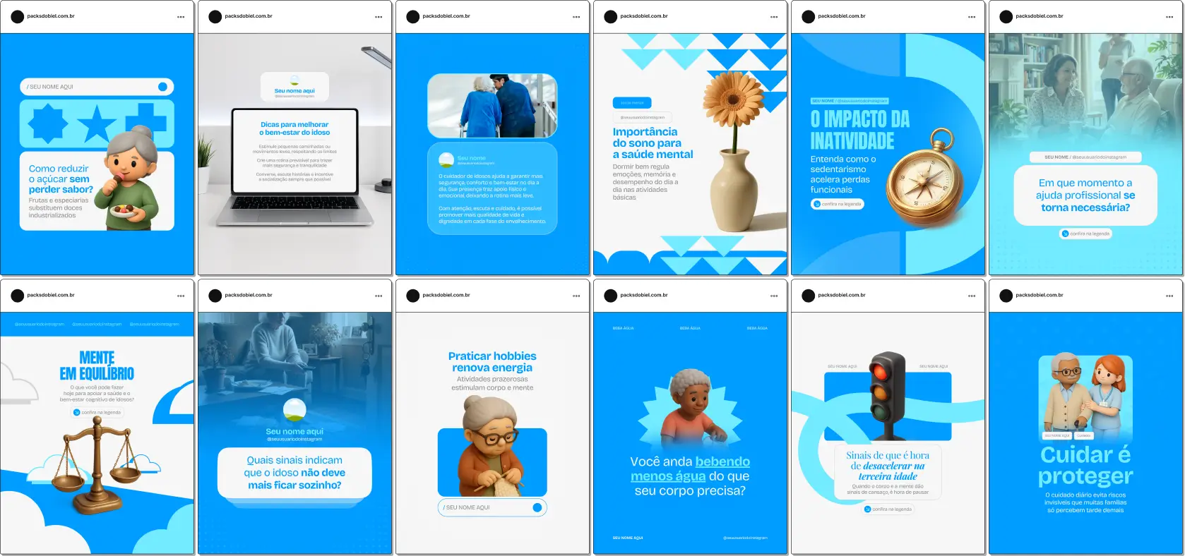 Pack de artes editáveis no Canva para profissionais cuidadores de idosos, ideal para produzir conteúdo sobre acompanhamento domiciliar, bem-estar, prevenção de quedas, suporte emocional e atenção à saúde do idoso, com comunicação clara e profissional.