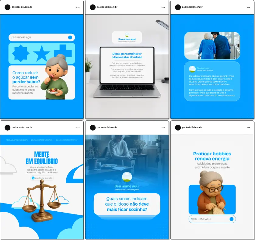 Pack de templates editáveis no Canva para cuidadores de idosos e profissionais de assistência ao idoso, focado em envelhecimento ativo, autonomia, cuidados humanizados, rotina segura e orientação à família, fortalecendo autoridade e engajamento no Instagram.