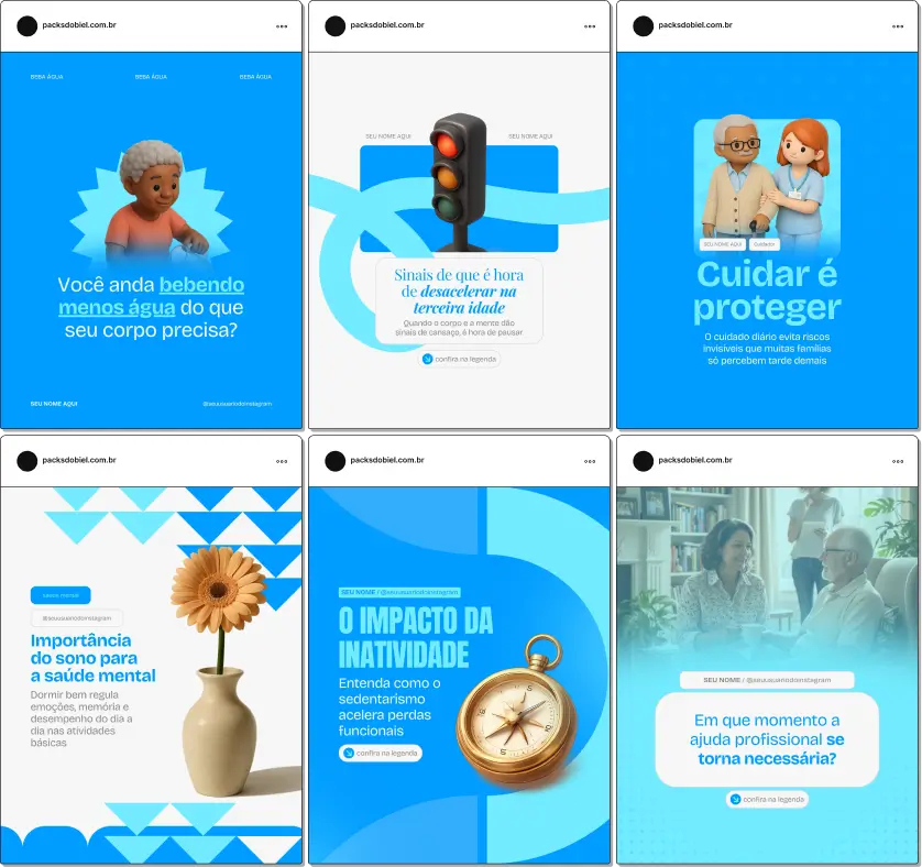 Pack de posts editáveis no Canva para cuidadores de idosos que desejam criar conteúdo sobre cuidados diários, higiene, alimentação, mobilidade, rotina do idoso e qualidade de vida, mantendo um feed organizado e confiável.