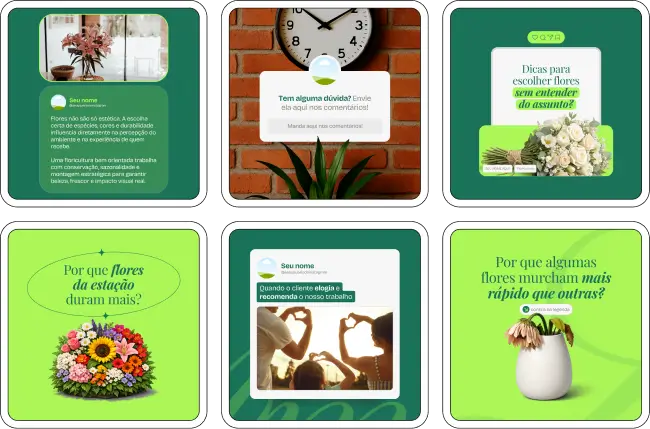 Pack de posts editáveis no Canva para floriculturas que desejam divulgar arranjos florais, buquês, plantas ornamentais e presentes personalizados, ideal para organizar o feed, atrair clientes e valorizar a identidade visual no Instagram.