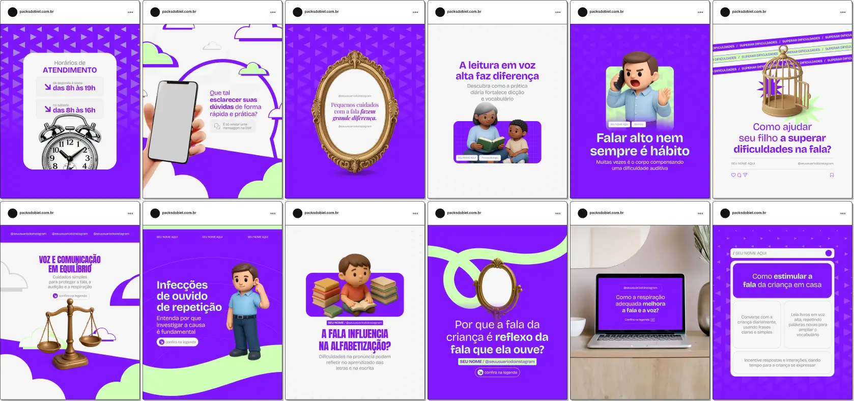 Pack de artes editáveis no Canva para profissionais de fonoaudiologia clínica, voltado para conteúdos sobre linguagem oral, motricidade orofacial, saúde vocal, respiração, deglutição e reabilitação fonoaudiológica, com comunicação clara e confiável no Instagram.