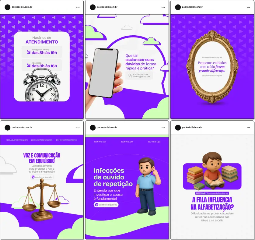 Pack de templates editáveis no Canva para fonoaudiólogos que atendem crianças, adolescentes e adultos, focado em distúrbios da comunicação, atraso de linguagem, audição, voz profissional, terapia fonoaudiológica e qualidade de vida, fortalecendo autoridade e engajamento digital.