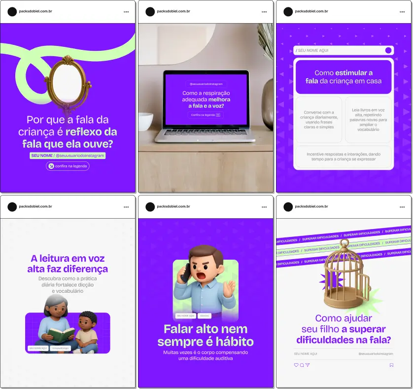 Pack de posts editáveis no Canva para fonoaudiólogos que atuam com fala, linguagem, audição, voz e comunicação, ideal para criar conteúdos sobre atraso de fala, desenvolvimento infantil, articulação, fonemas e orientação a pais, mantendo um feed profissional e educativo.
