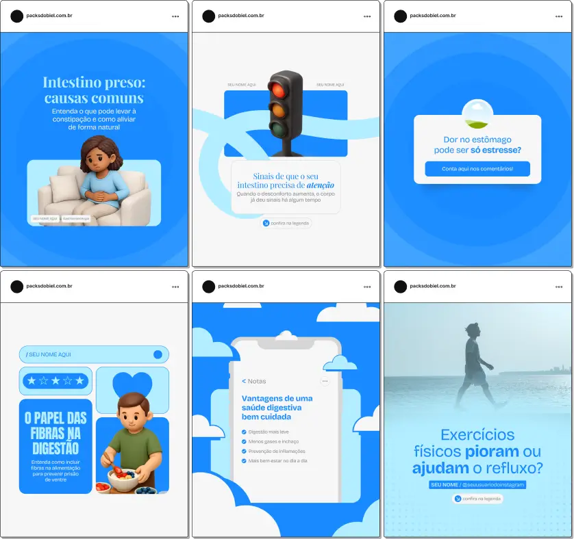 Pack de templates editáveis no Canva para gastroenterologistas focado em prevenção, diagnóstico e tratamento de doenças digestivas, endoscopia, colonoscopia e acompanhamento clínico, aumentando engajamento e credibilidade.