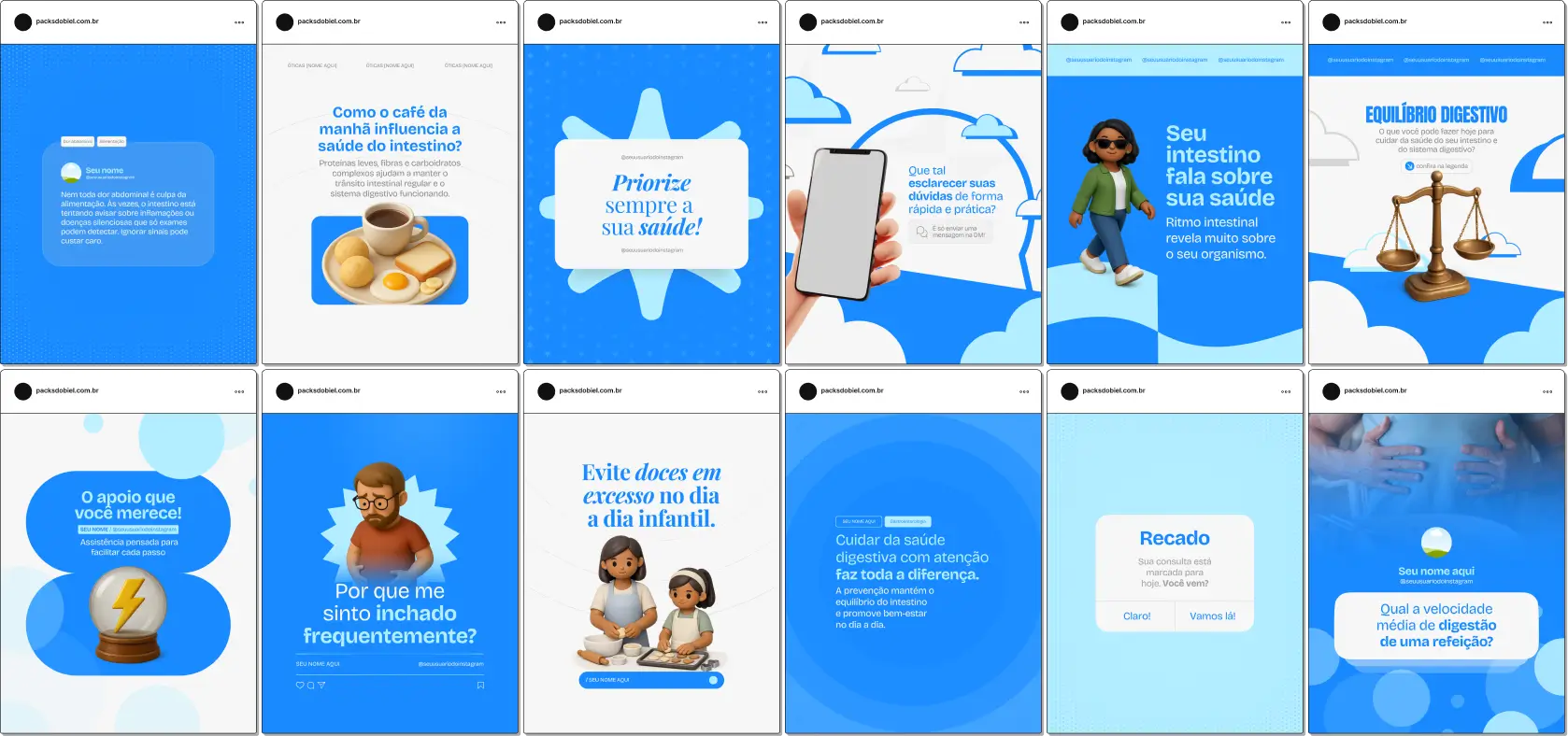 Pack de artes editáveis no Canva para especialistas em gastroenterologia que desejam criar conteúdo sobre microbiota intestinal, digestão, absorção de nutrientes e saúde metabólica, com visual profissional e educativo.