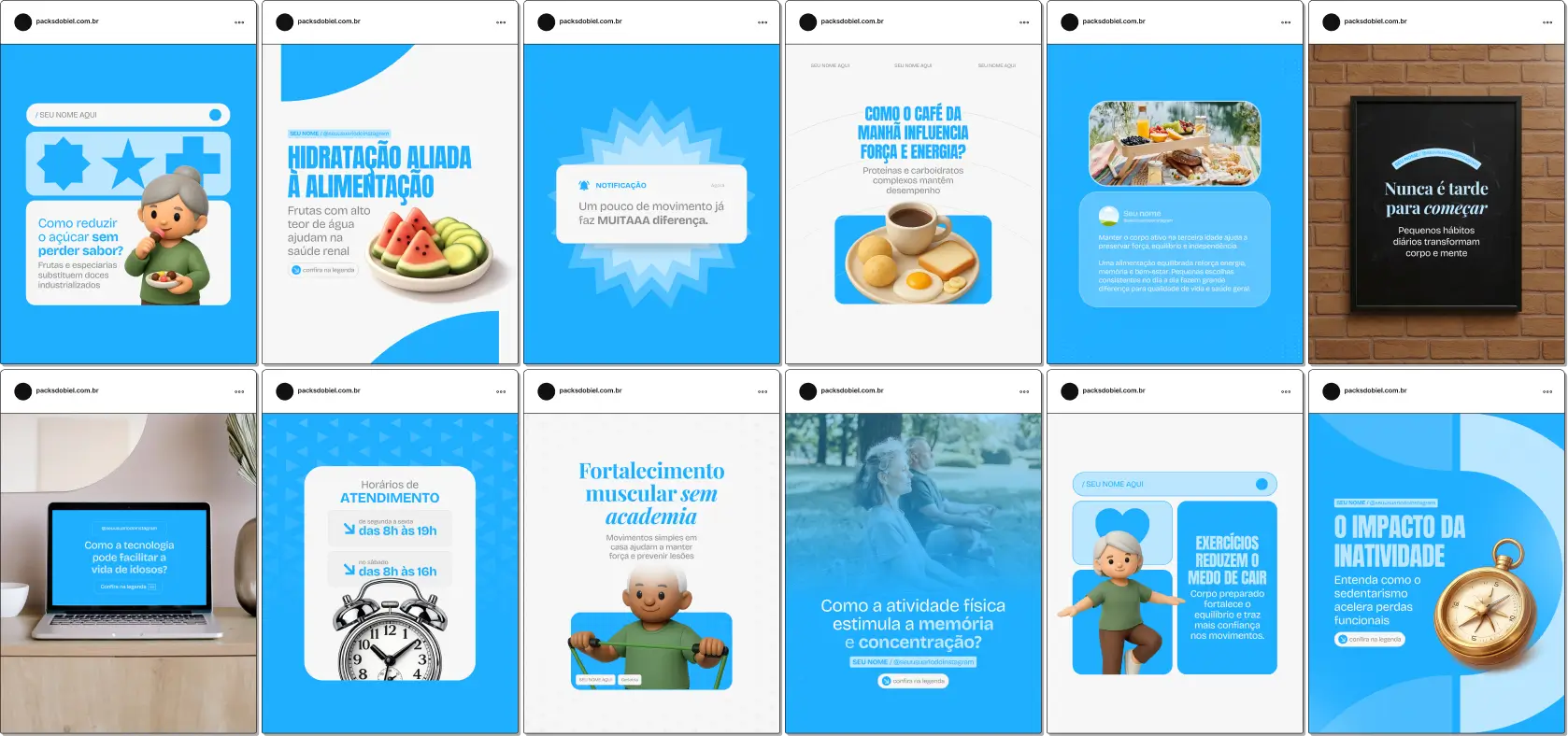Pack de artes editáveis no Canva para profissionais de geriatria, ideal para produzir conteúdo sobre acompanhamento médico, mobilidade, memória, bem-estar, rotina diária e orientações preventivas, com comunicação clara e educativa.