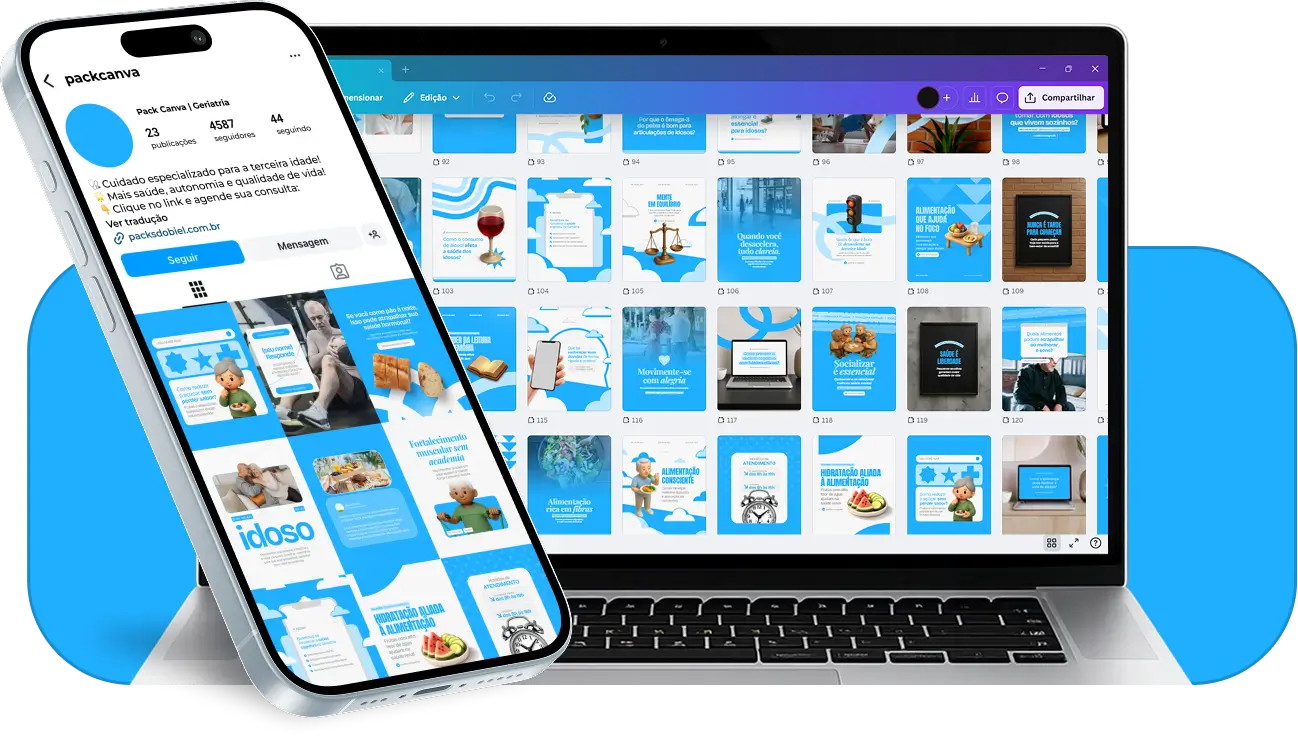 Pack de posts editáveis no Canva para profissionais de geriatria que desejam criar conteúdo sobre prevenção de doenças crônicas, cuidados com a mobilidade, saúde mental e rotina do idoso, mantendo um feed organizado e educativo.