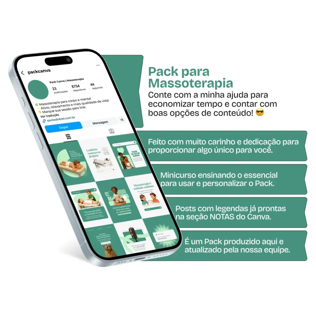 Pack de templates editáveis no Canva para massoterapeutas que desejam falar sobre técnicas de massagem, benefícios terapêuticos, cuidados com o corpo e rotina de autocuidado, aumentando engajamento e organização no Instagram.