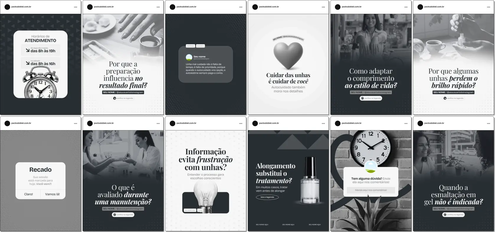 Pack de artes editáveis no Canva para profissionais de nail design, ideal para produzir conteúdo sobre técnicas de manicure, decoração de unhas, esmaltação, design criativo, estilo e orientação aos clientes, com comunicação clara e confiável.