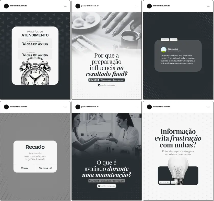 Pack de templates editáveis no Canva para nail designers que atendem clientes de diferentes estilos, focado em tendências de nail art, cuidados estéticos, unhas saudáveis, esmaltes e criatividade, fortalecendo autoridade e engajamento no Instagram.