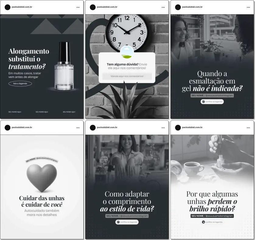 Pack de posts editáveis no Canva para nail designers que desejam criar conteúdo sobre unhas decoradas, esmaltação em gel, nail art, alongamento, cuidados com as unhas e tendências de design, mantendo um feed organizado e profissional.