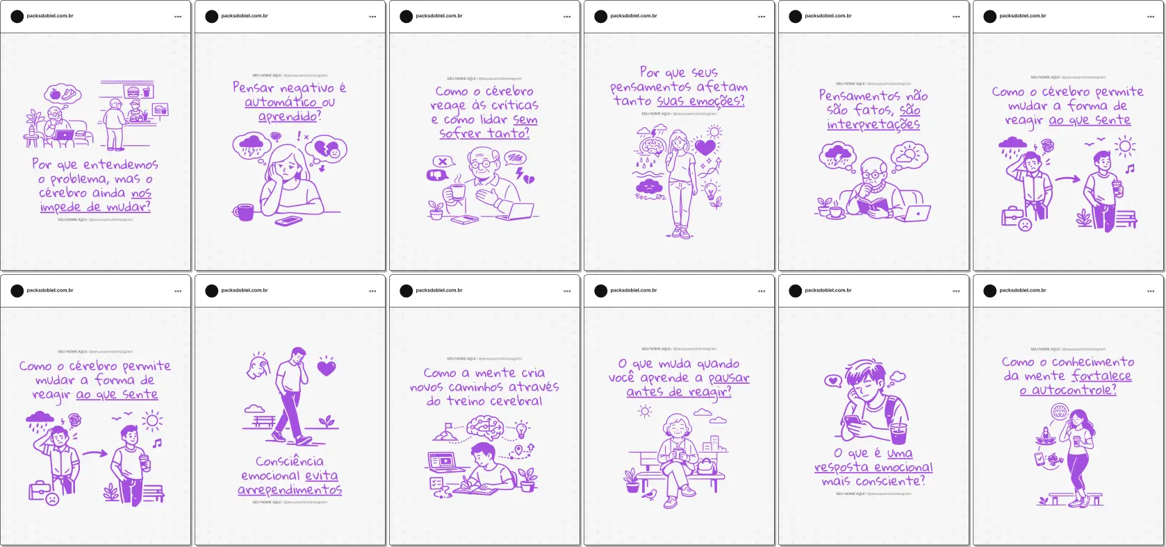 Pack de templates editáveis no Canva para profissionais de neuropsicologia que desejam criar conteúdos sobre intervenção cognitiva, reabilitação neuropsicológica, aprendizagem, envelhecimento saudável e orientação a pacientes e familiares, fortalecendo autoridade e engajamento online.