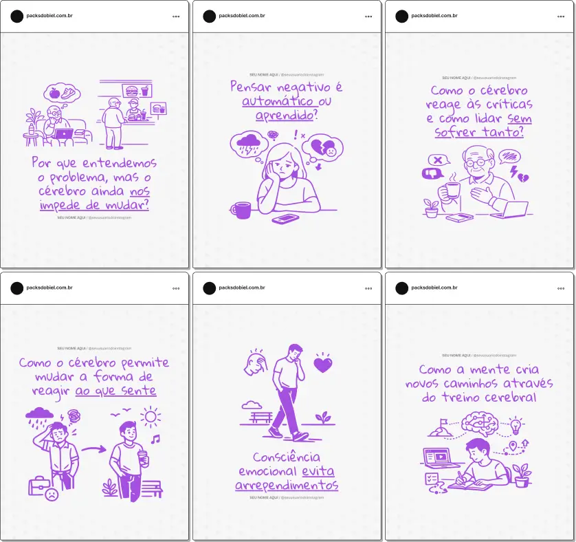 Pack de artes editáveis no Canva voltado para neuropsicólogos que compartilham informações sobre funcionamento cerebral, neurodesenvolvimento, memória, atenção, cognição e estratégias de melhoria cognitiva, mantendo um feed educativo e confiável.