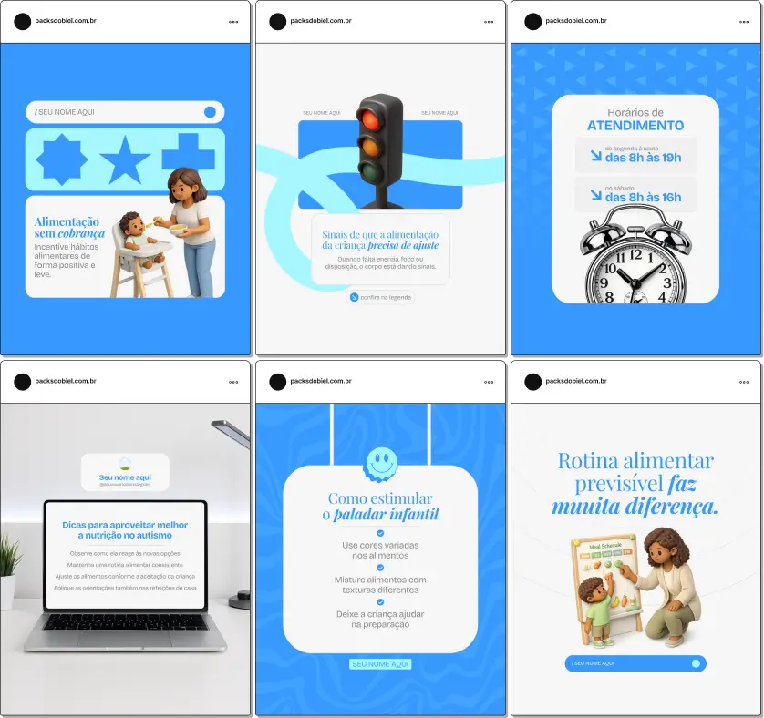 Pack de artes editáveis no Canva para profissionais de nutrição infantil, ideal para produzir conteúdo sobre seletividade alimentar, desenvolvimento infantil, rotina alimentar, lanche saudável e orientação aos pais, com comunicação clara e confiável.