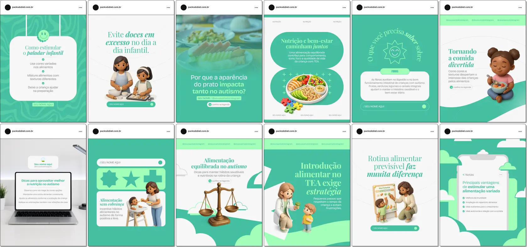 Pack de posts editáveis no Canva para nutricionistas que trabalham com crianças com autismo, voltado para planejar cardápios, orientar sobre seletividade alimentar, nutrientes essenciais e alimentação saudável, mantendo um feed organizado e educativo.