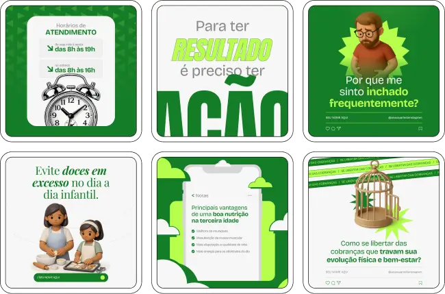 Pack de posts editáveis no Canva para nutricionistas que desejam criar conteúdo sobre alimentação saudável, planejamento de refeições, dietas equilibradas, nutrientes essenciais e hábitos alimentares, mantendo um feed organizado e educativo.