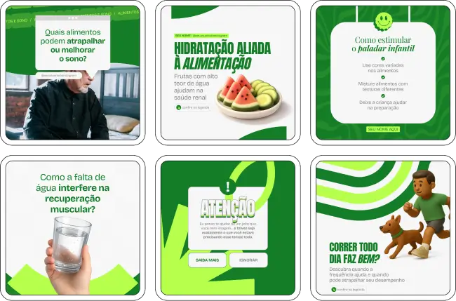 Pack de posts editáveis no Canva para nutricionistas voltados à saúde preventiva, perfeito para falar sobre doenças crônicas, hábitos alimentares, escolhas inteligentes, qualidade de vida e educação nutricional, mantendo um feed coerente e profissional.