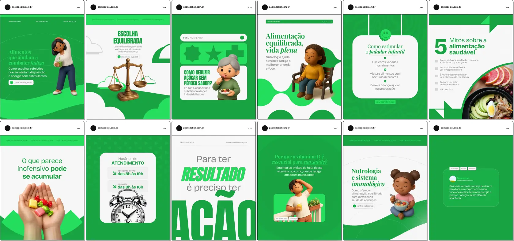 Pack de artes editáveis no Canva para profissionais de nutrologia, ideal para quem produz conteúdo sobre vitaminas, minerais, hábitos alimentares, dieta personalizada e saúde metabólica, com comunicação clara e educativa para pacientes.