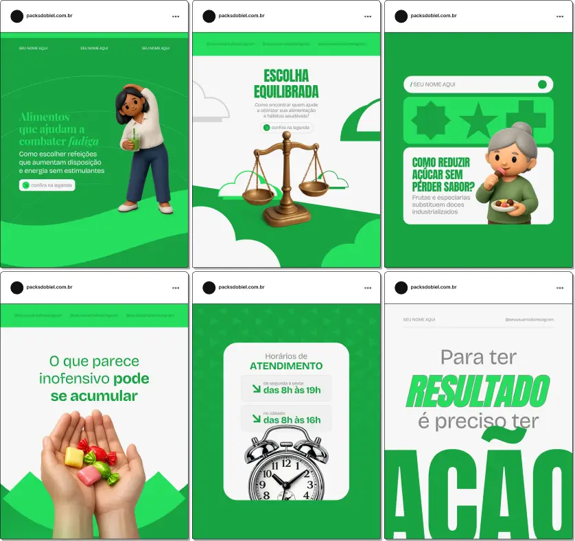 Pack de templates editáveis no Canva para nutrólogos que atendem adultos e idosos, focado em perda de peso, ganho de massa magra, monitoramento nutricional, qualidade de vida e orientação alimentar, fortalecendo autoridade e engajamento no Instagram.