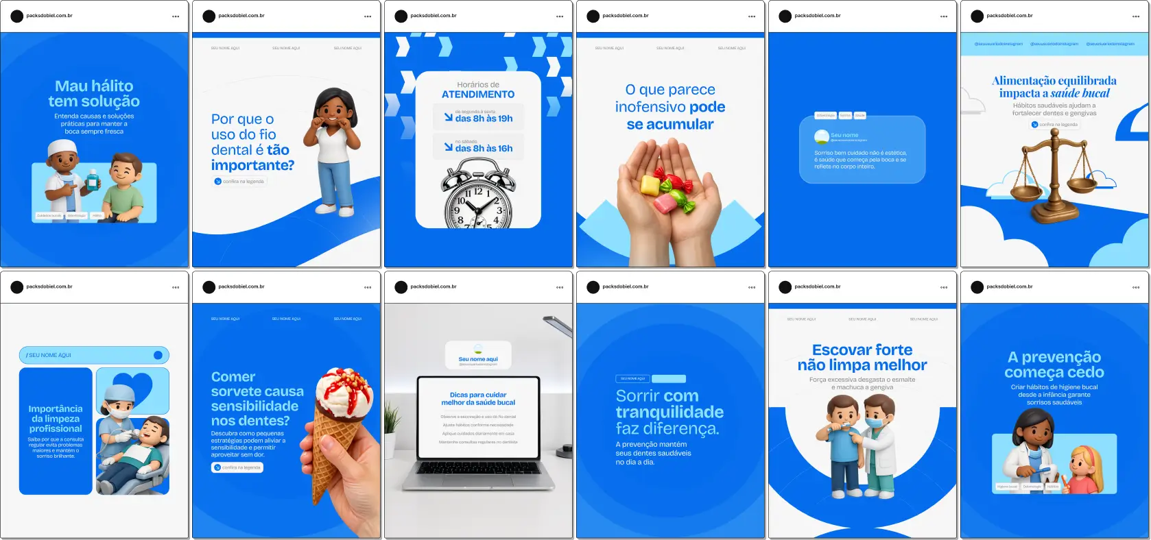Pack de posts editáveis no Canva para clínicas odontológicas e dentistas, focado em prevenção, tratamentos odontológicos, consultas, procedimentos e bem-estar bucal, ajudando a fortalecer a presença no Instagram com visual consistente.