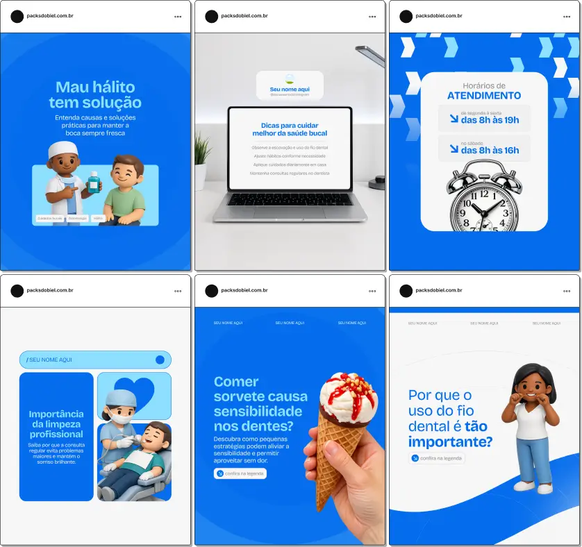 Pack de artes editáveis no Canva para odontologia, ideal para profissionais que produzem conteúdo sobre clareamento dental, estética do sorriso, ortodontia, implantes dentários e orientação ao paciente, com comunicação visual clara e confiável.
