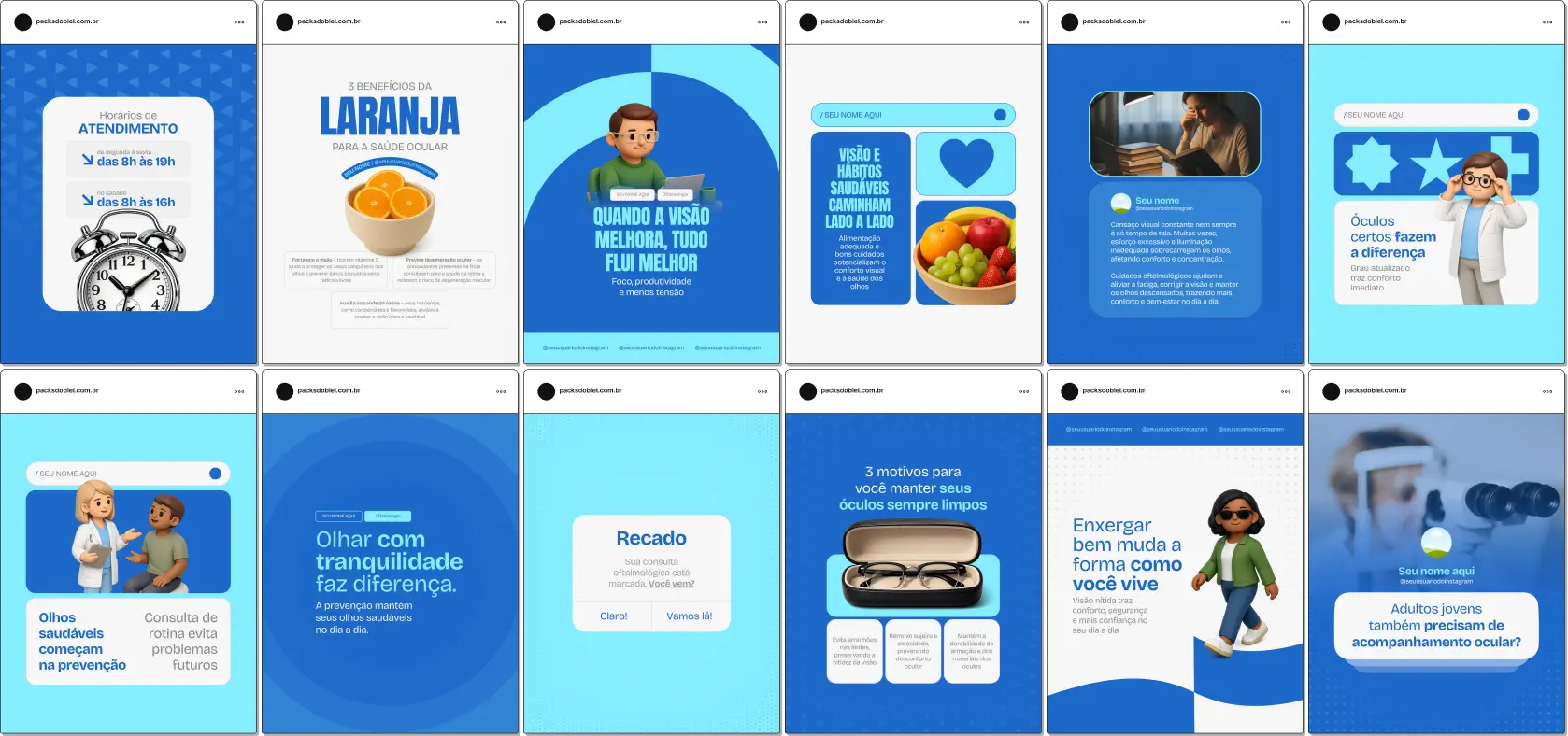 Pack de artes editáveis no Canva para profissionais de oftalmologia, ideal para produzir conteúdo sobre cuidados com os olhos, uso de óculos e lentes de contato, visão infantil e adulta, tratamentos oftalmológicos e hábitos saudáveis para a visão, com comunicação clara e confiável.