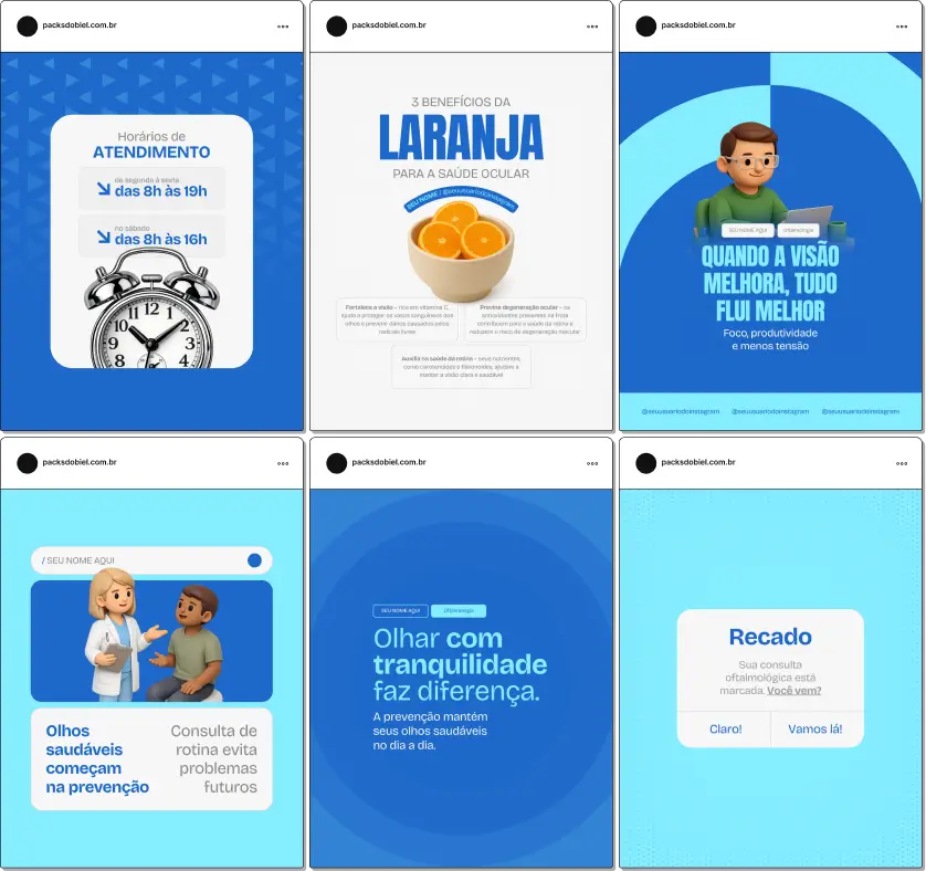 Pack de templates editáveis no Canva para oftalmologistas que atendem diferentes faixas etárias, focado em prevenção de doenças oculares, higiene visual, saúde dos olhos, acompanhamento oftalmológico e qualidade de vida, fortalecendo autoridade e engajamento no Instagram.