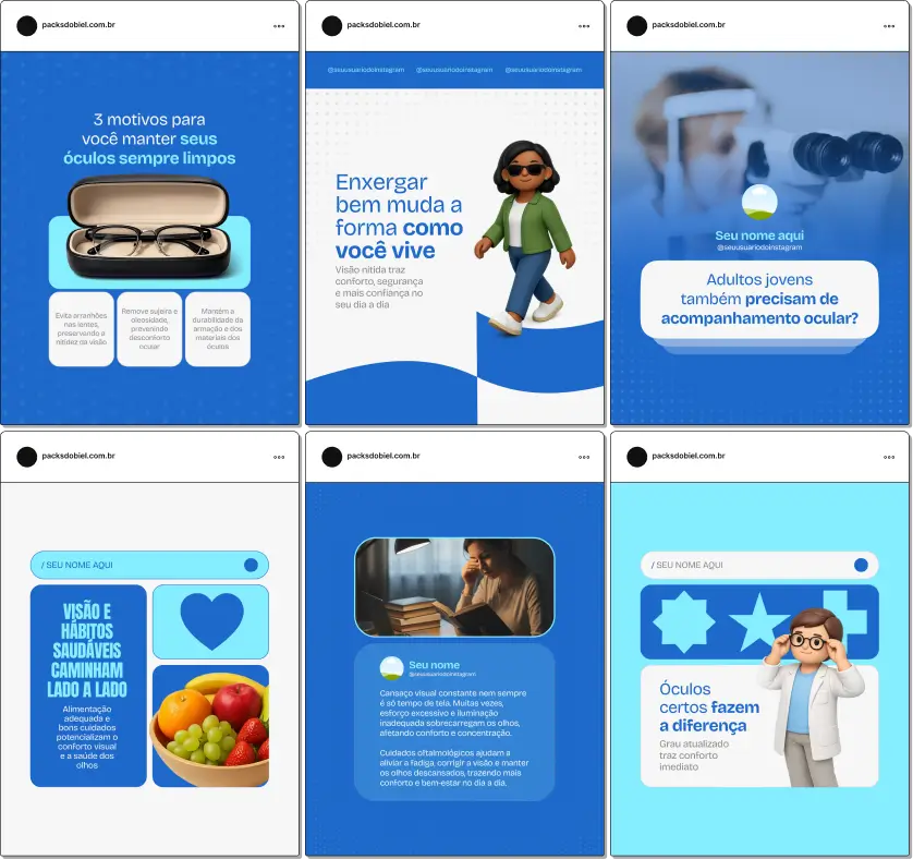 Pack de posts editáveis no Canva para oftalmologistas que desejam criar conteúdo sobre exames de visão, saúde ocular, miopia, astigmatismo, catarata, prevenção de doenças dos olhos e orientação ao paciente, mantendo um feed organizado e profissional.