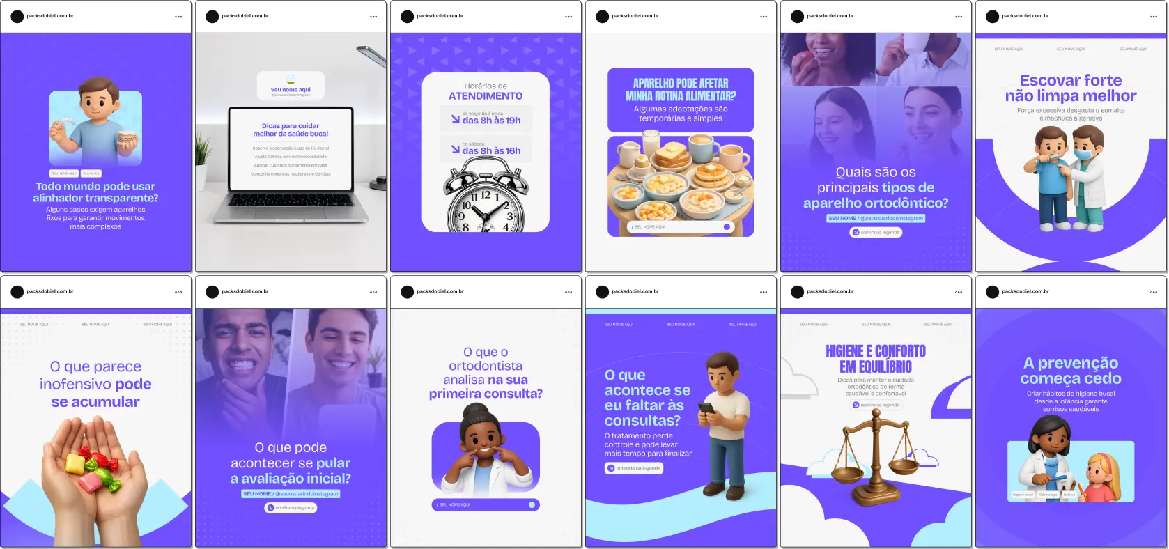 Pack de artes editáveis no Canva para profissionais de ortodontia, ideal para produzir conteúdo sobre alinhadores, aparelhos fixos, fases do tratamento, cuidados diários e orientação aos pacientes, com comunicação clara e confiável.