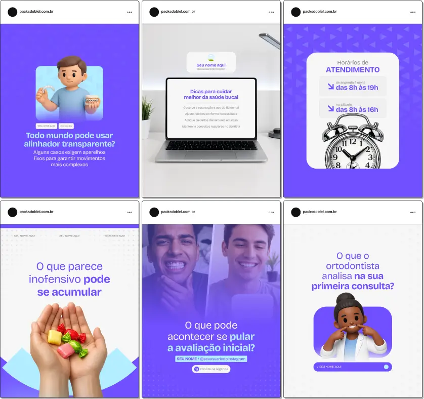 Pack de templates editáveis no Canva para ortodontistas que atendem crianças, adolescentes e adultos, focado em saúde bucal, ortodontia preventiva, correção de dentes tortos e qualidade de vida, fortalecendo autoridade e engajamento no Instagram.