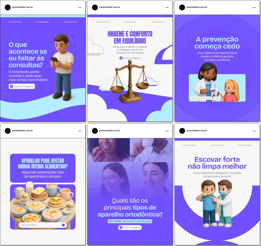 Pack de posts editáveis no Canva para ortodontistas que desejam criar conteúdo sobre aparelhos ortodônticos, alinhamento dos dentes, correção da mordida, estética do sorriso e acompanhamento do tratamento, mantendo um feed organizado e profissional.