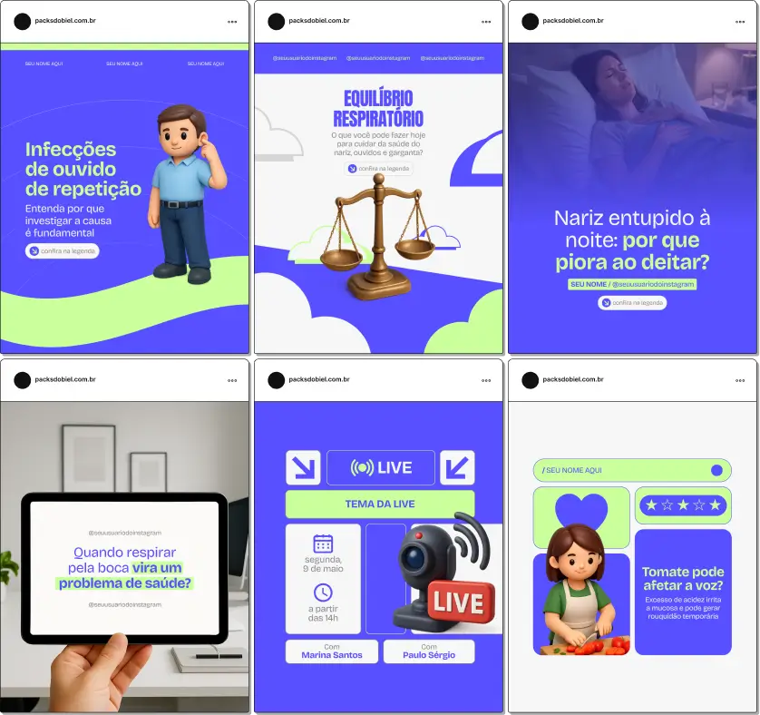 Pack de posts editáveis no Canva para otorrinolaringologistas que produzem conteúdo sobre alergias, resfriados, cuidados com ouvido, nariz e garganta, qualidade de vida e bem-estar, mantendo um feed consistente e confiável.