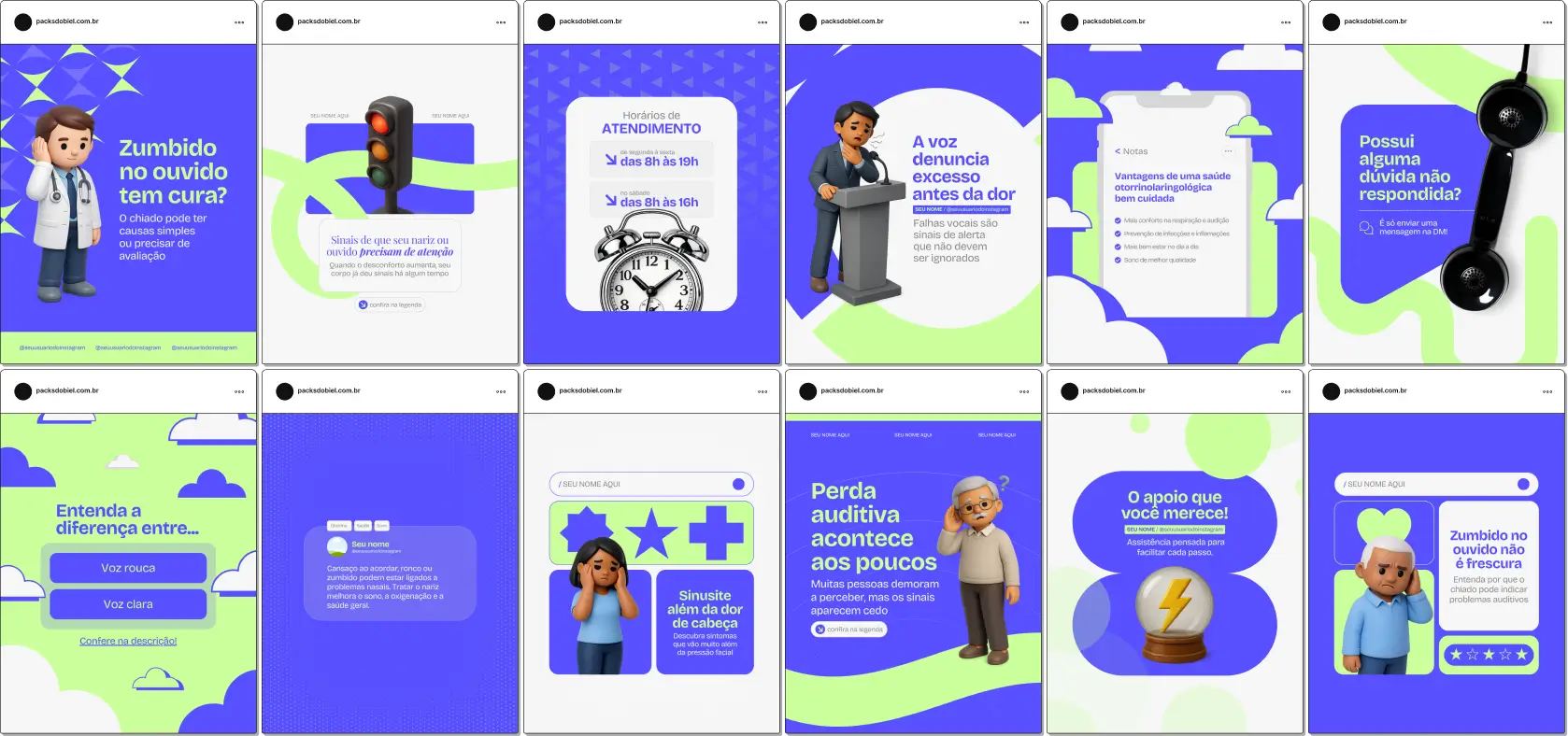 Pack de templates editáveis no Canva para otorrinos focado em dicas de saúde respiratória, prevenção de sinusite, cuidados com garganta, audição e fonoaudiologia preventiva, ajudando a engajar pacientes e tutores.