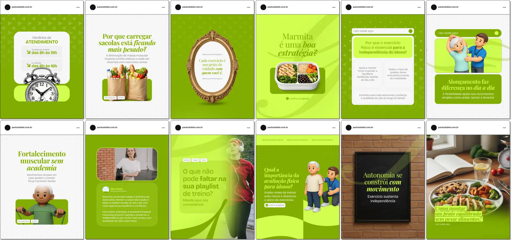 Pack de posts editáveis no Canva para personal trainer especializado em idosos, ideal para criar conteúdos sobre exercícios para terceira idade, fortalecimento muscular, equilíbrio, mobilidade, prevenção de quedas e envelhecimento ativo, com comunicação clara e profissional no Instagram.