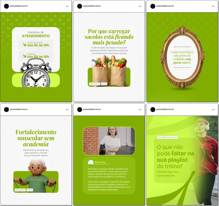 Pack de templates editáveis no Canva para personal trainers que atuam com público idoso e produzem conteúdo sobre atividade física segura, qualidade de vida na terceira idade, exercícios funcionais, saúde do idoso e condicionamento físico adaptado, organizando o feed e aumentando a autoridade.