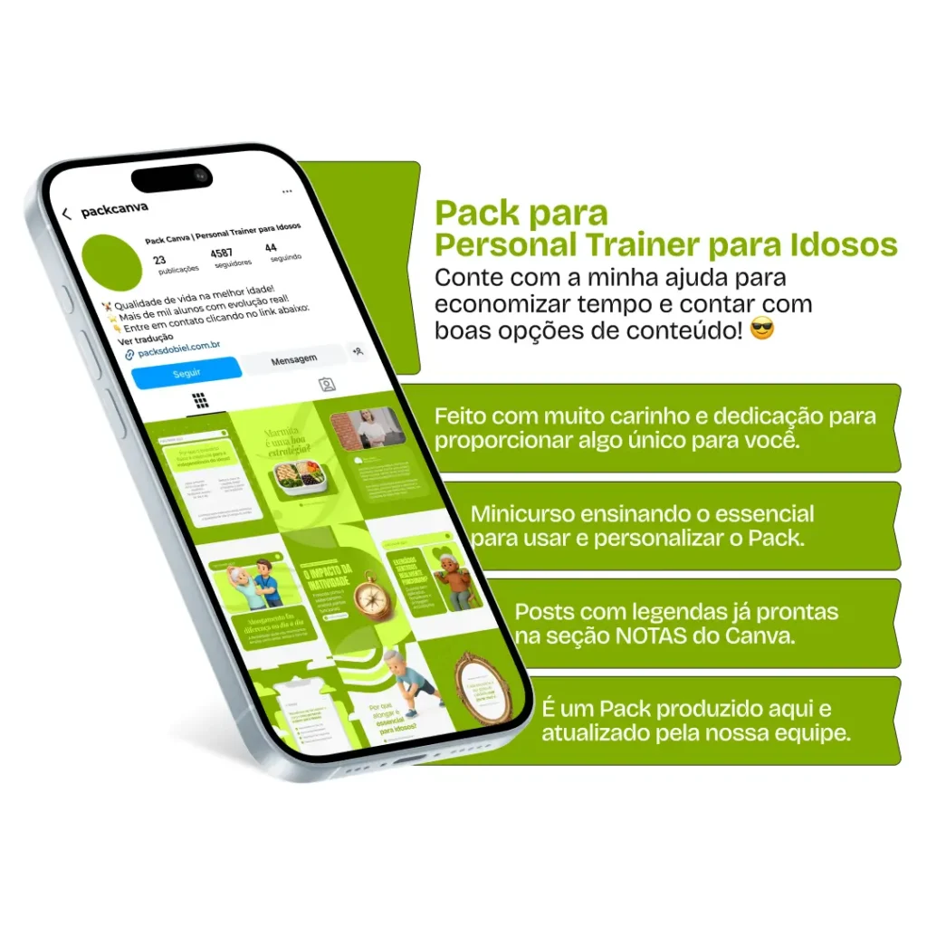 Kit completo para profissionais de educação física e fisioterapeutas com posts sobre treino para idosos, fortalecimento muscular, mobilidade e flexibilidade, atividades de baixo impacto, dicas de saúde e qualidade de vida, engajamento com público idoso e conteúdos prontos para Instagram, Facebook e outras redes sociais.